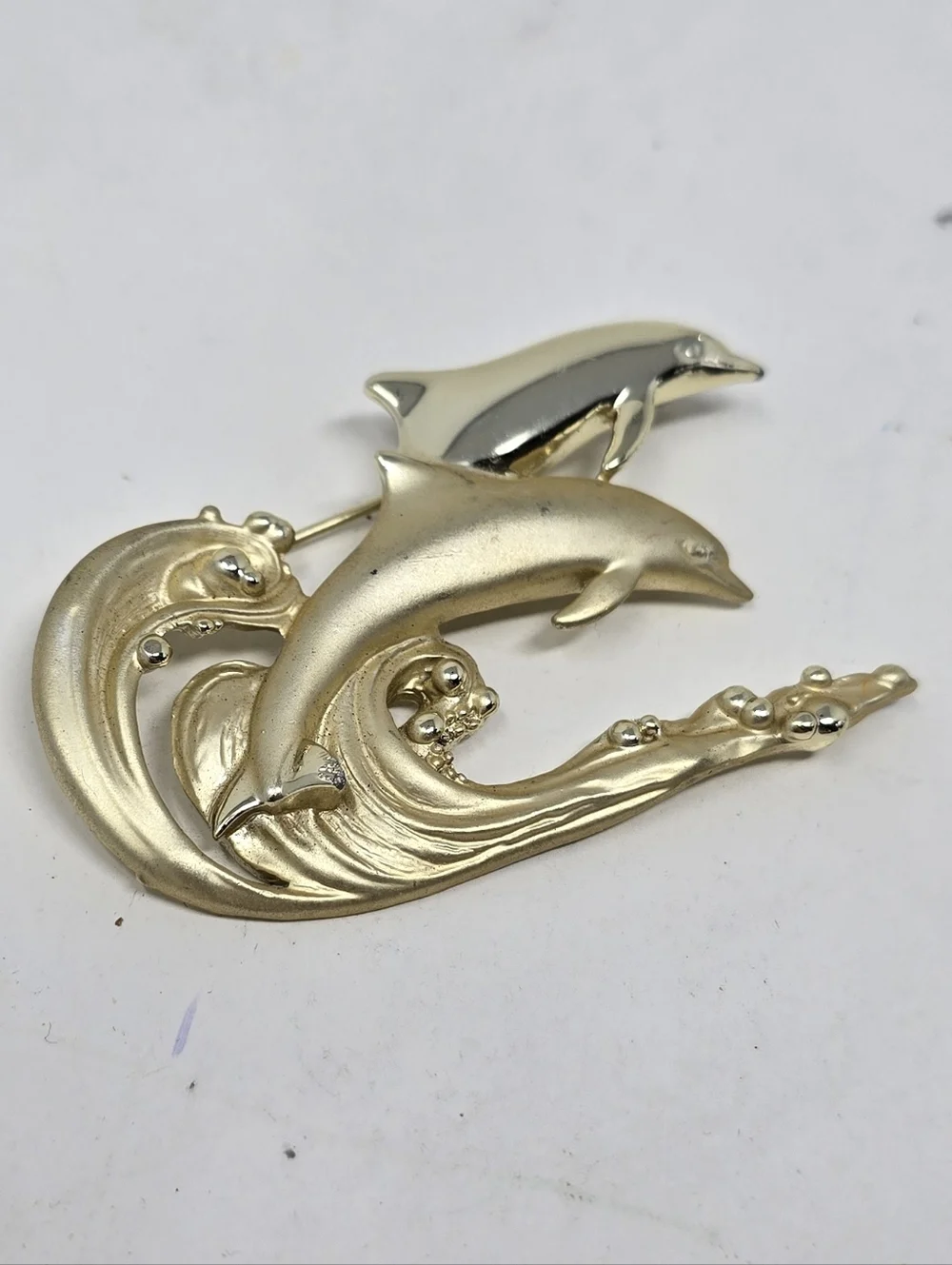Vtg AJC dolphin brooch gold‎ tone matte shiny ocean waves summer costal animal